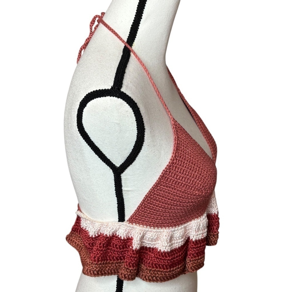 Handcrafted Ruffle Halter Crop Top Bamboo Yarn Art Handmade Crochet Knit Summer - Picture 6 of 16